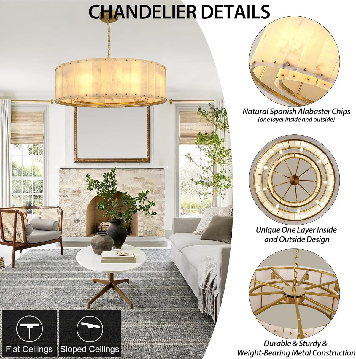 Modern Gold Alabaster Chandelier With Brass Accents