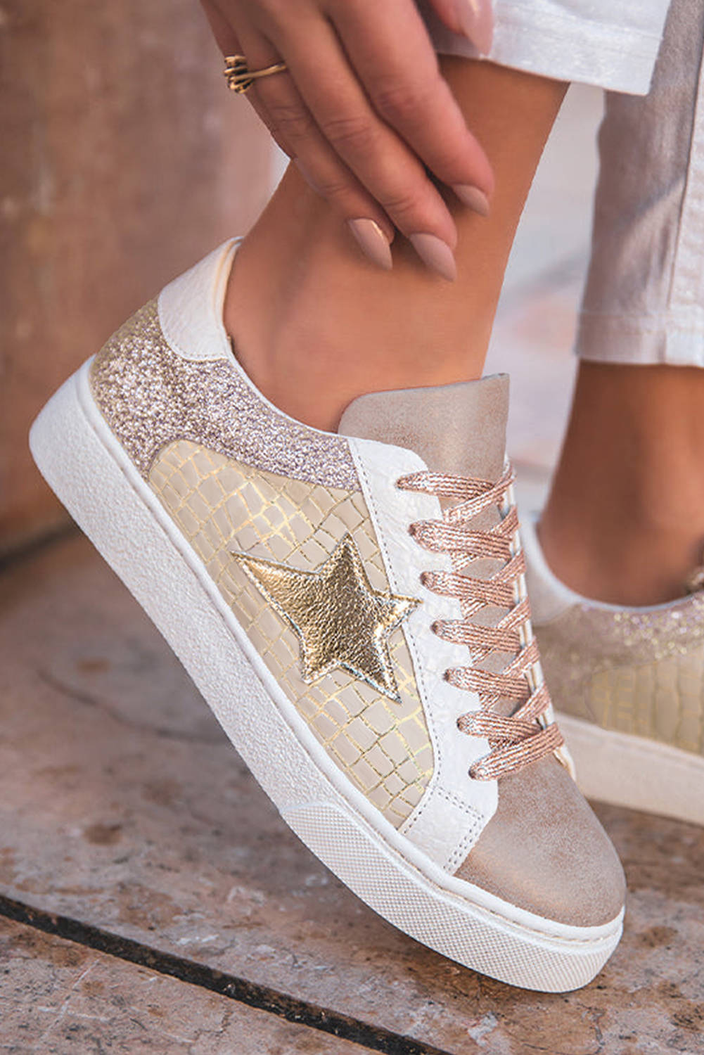 Clare Gold Glitter Star Lace-up Sneakers