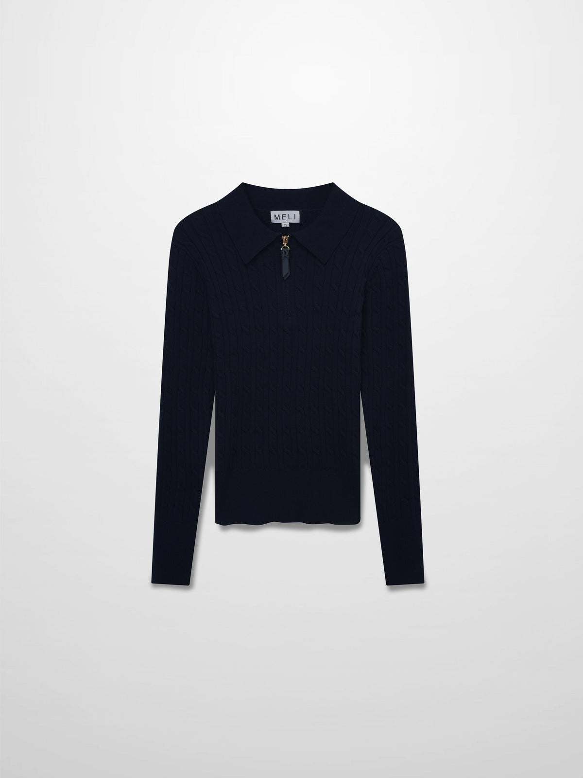 Leather Pull Half Zip Cable Polo-Navy