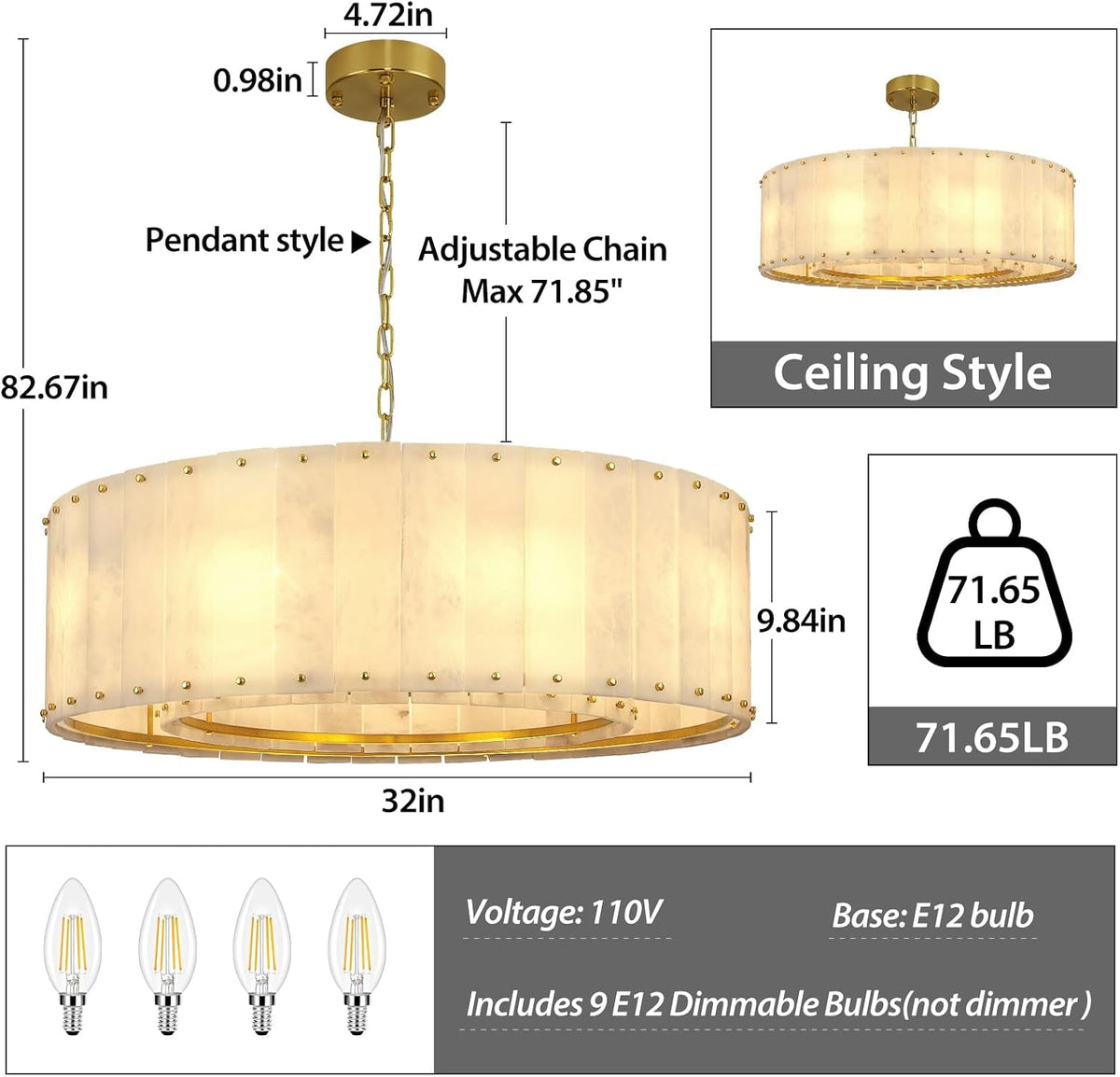 Modern Gold Alabaster Chandelier With Brass Accents