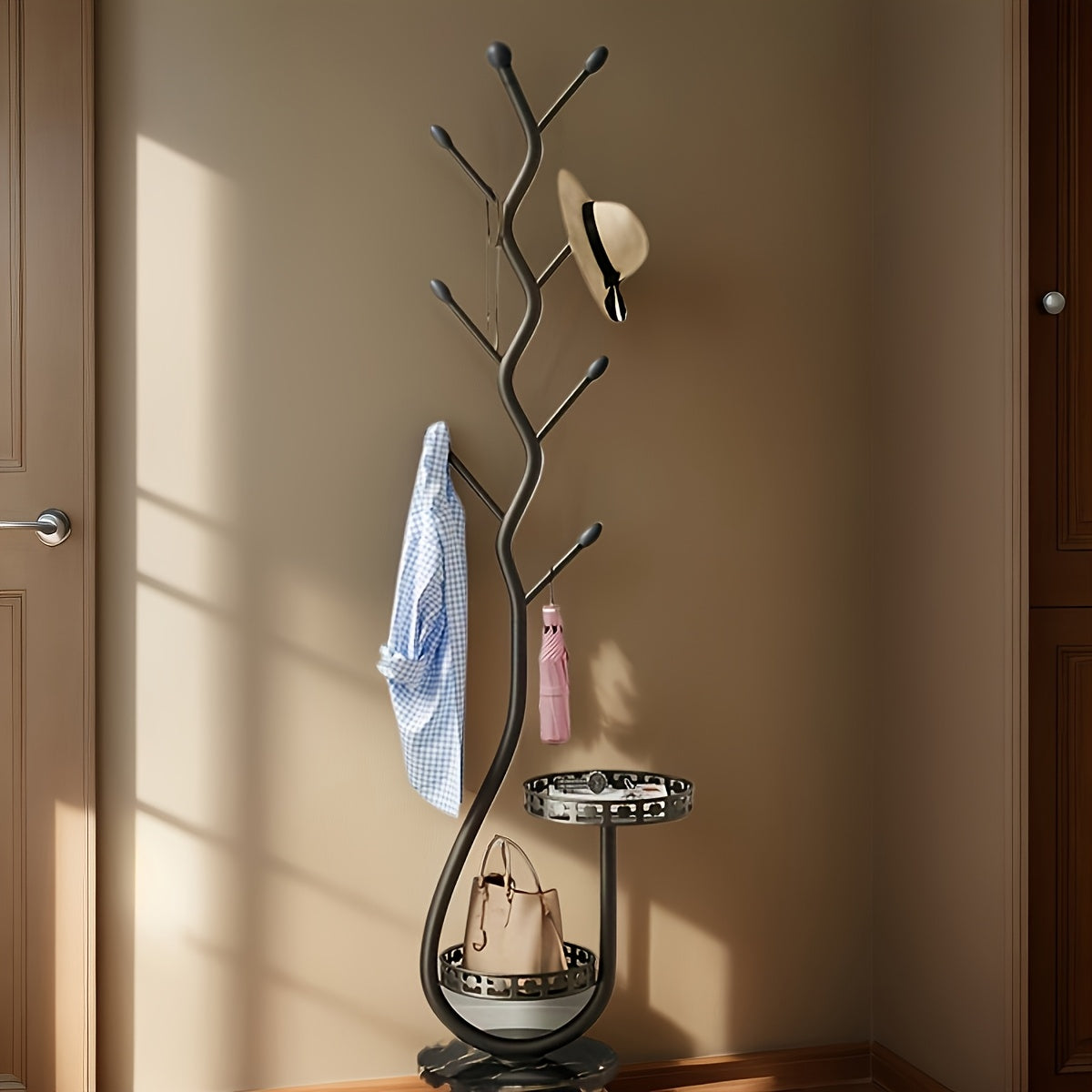 Freestanding Metal Coat Rack with Branch Hooks