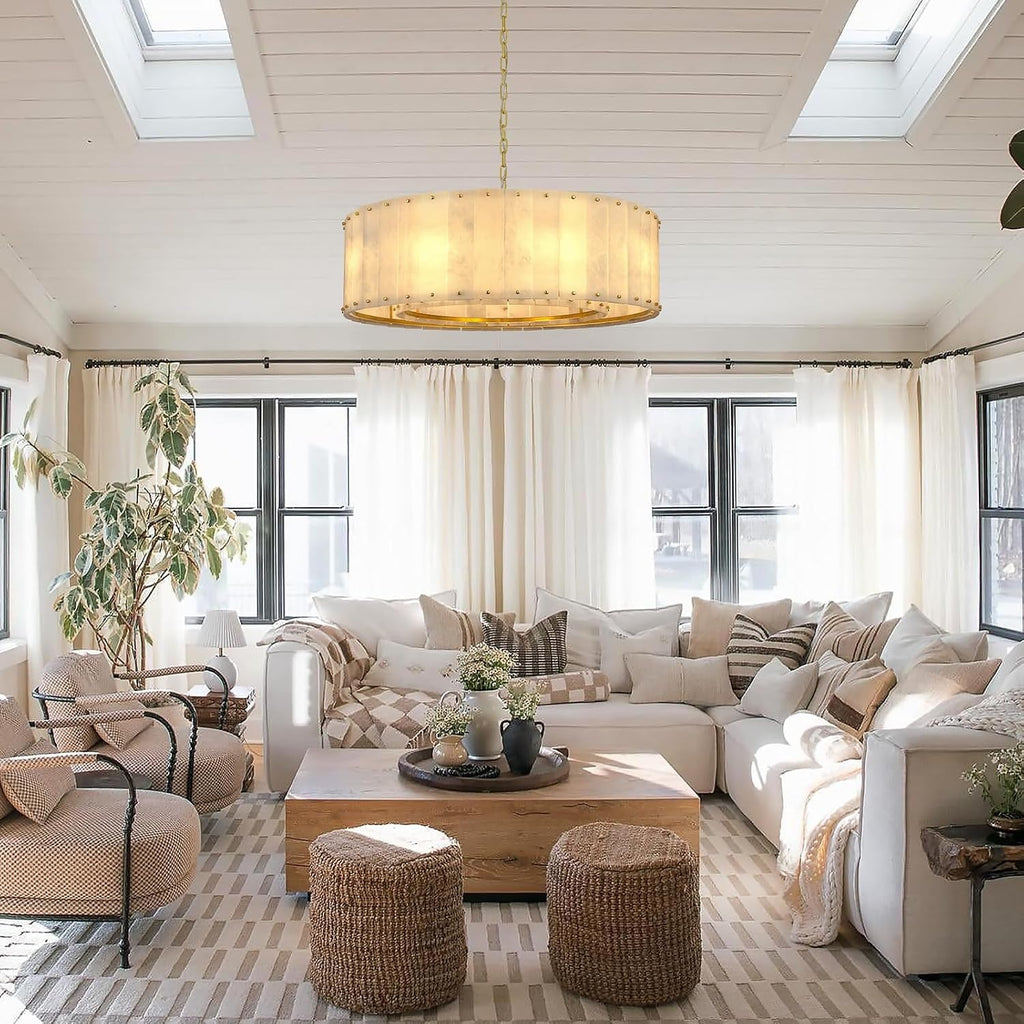 Modern Gold Alabaster Chandelier With Brass Accents